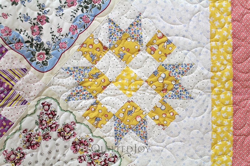 Anita made a beautiful Vintage Hankie quilt and brought it to Angela Huffman for machine quilting. She needed to find the perfect backing fabric and quilting design for it.