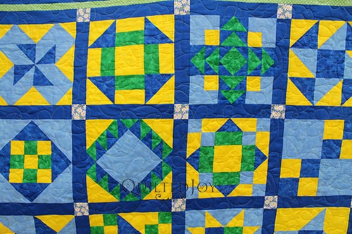 Judy's Blue and Yellow Sampler Quilt. She rented time on a longarm machine at Quilted Joy to quilt her quilt