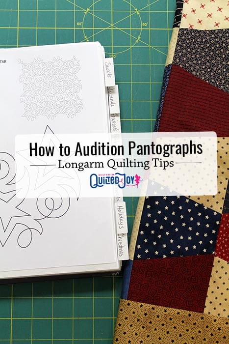 image of a red, blue, and cream quilting and a binder open to a paper pantograph preview on a green cutting mat with text that reads "How to Audition Pantographs - Longarm Quilting Tips - Quilted Joy"