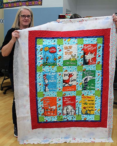 Mary's Dr. Seuss Quilt after renting a longarm quilting machine at Quilted Joy