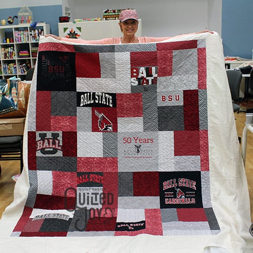 Lisa's Ball State Tshirt Quilt after renting a longarm quilting machine at Quilted Joy