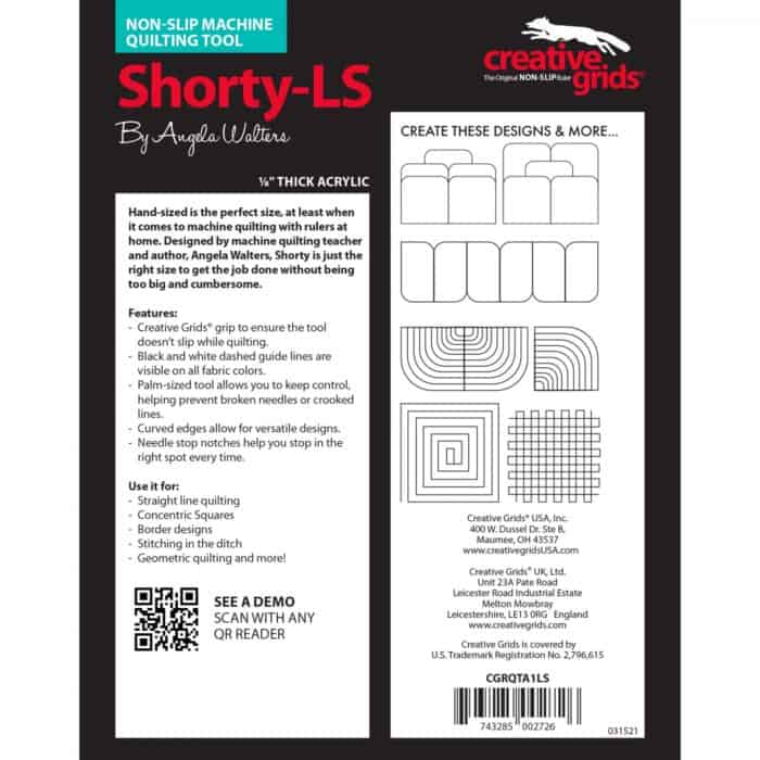 Shorty Low Shank Machine Quilting Ruler Available at Quilted Joy