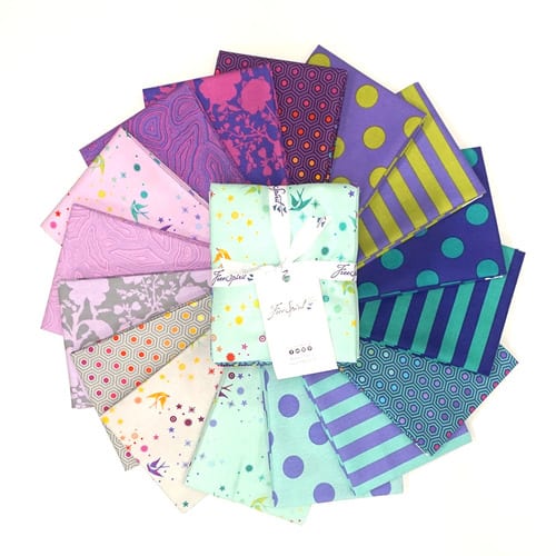 image of a collection of bright green, purple, and blue fabrics, called Tula's True Colors Peacock - Fat Quarter Bundle