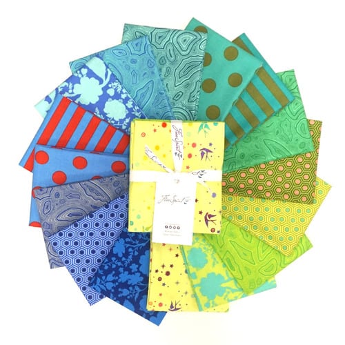image of a collection of bright green, yellow, and blue fabrics, called Tula's True Colors Starling - Fat Quarter Bundle