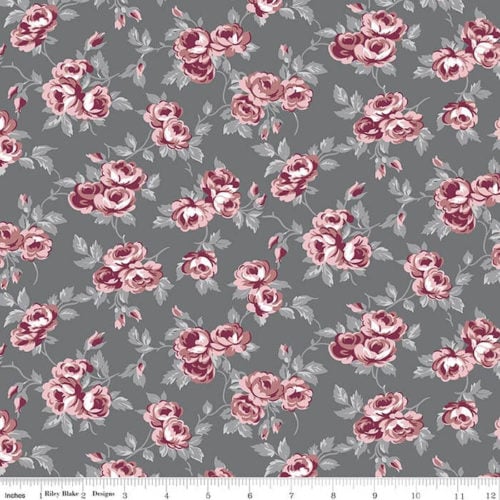 image of a pink and white floral print on a grey background, Exquisite Charcoal Flowers Fabric Yardage