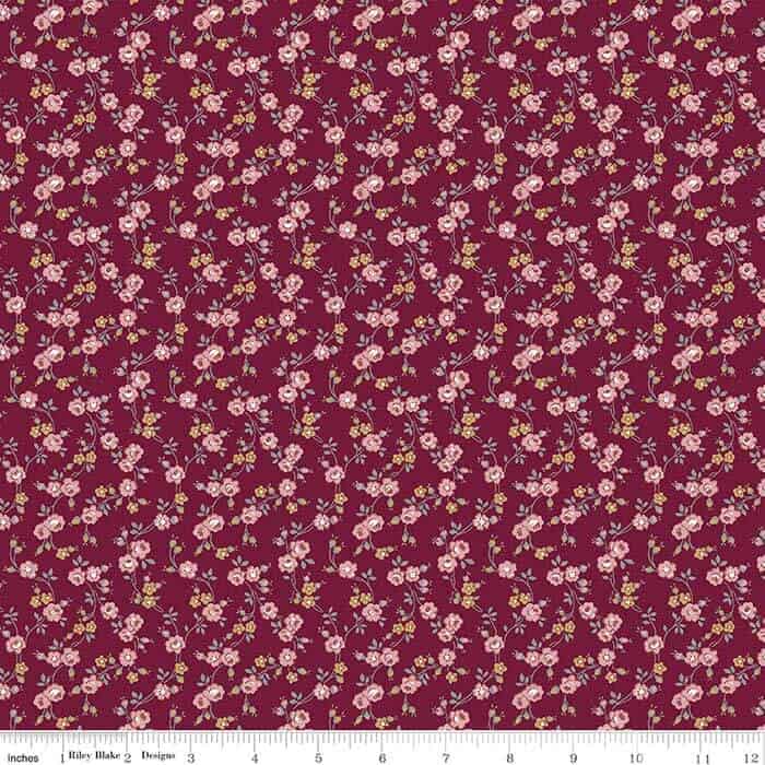 image of small pink flower print on a burgundy red background, Exquisite Burgundy Vines Fabric