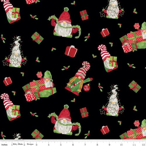 image of Gnome for Christmas - Black 43" Wide Flannel Fabric featuring Christmas gnomes, holly berries, and presents on a black background