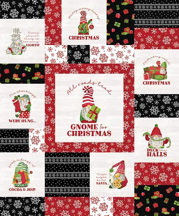 image of Gnome for Christmas - Flannel Fabric Panel featuring Christmas gnome illustrations surrounded by blocks of snowflake and present prints in red, black, and white