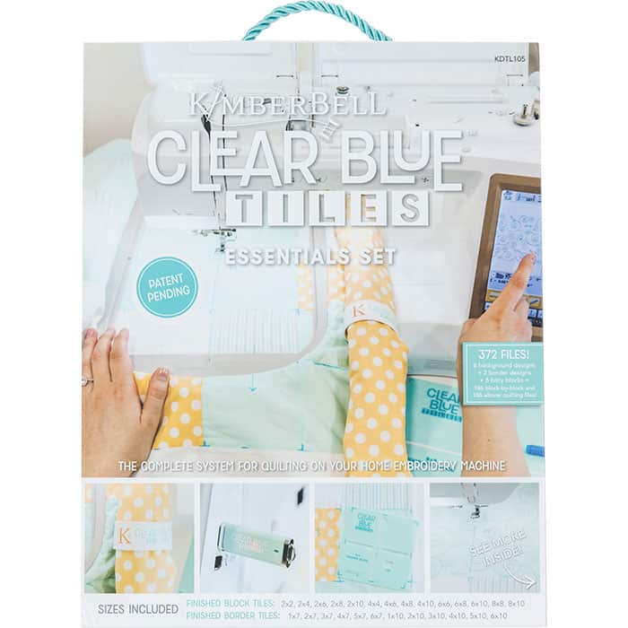 image of Kimberbell Clear Blue Tiles Essentials Set with images of hands using an embroidery sewing machine