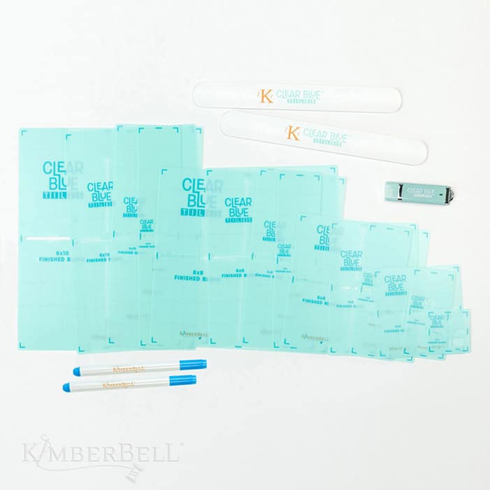 image of Kimberbell Clear Blue Tiles, markers, Kimberbell slapbands, and a USB drive on a white background