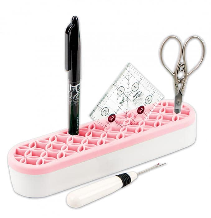 image of Oh Sew! Organized Stash 'n Store Pink with a pen, ruler, scissors, and seam ripper