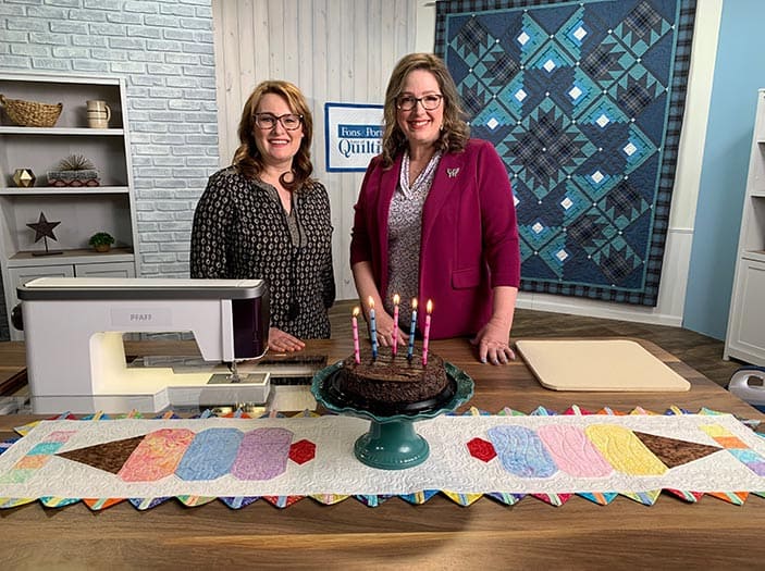 image of Angela Huffman and Sara Gallegos on the Fons & Porter Love of Quilting 4000 series with the Scoops by the Seaside Quilt