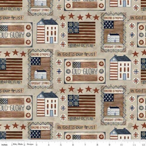 Bright Stars Houses and Flags Natural Fabric Yardage