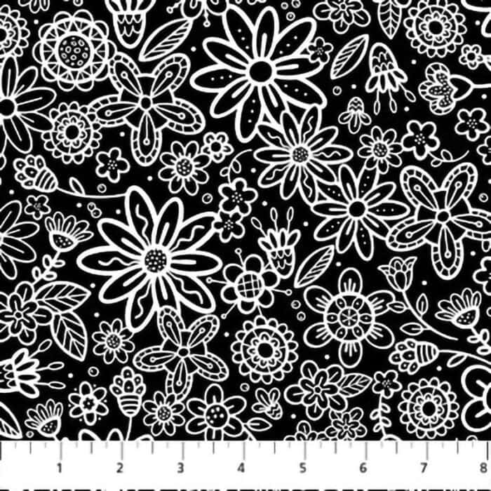 Basically Black and White Flowers White on Black Fabric Yardage